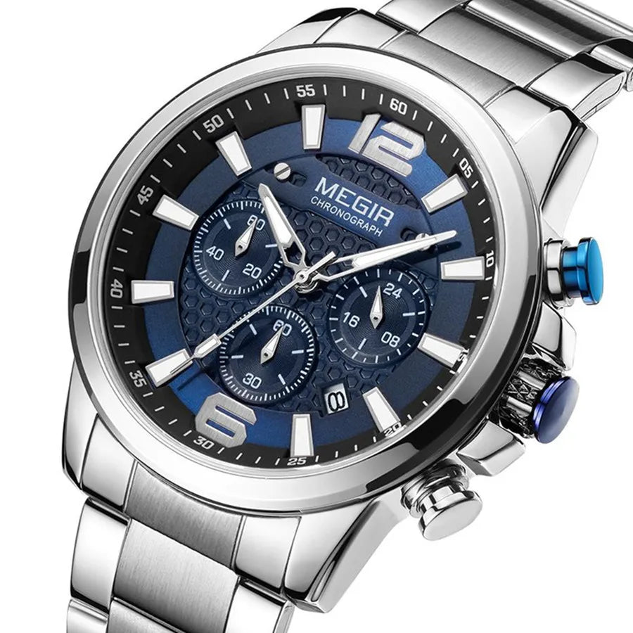 MEGIR - Montre Homme 2156 Luxe Affaires Mode Quartz Chronographe Lumineux Étanche Calendrier Acier Inoxydable