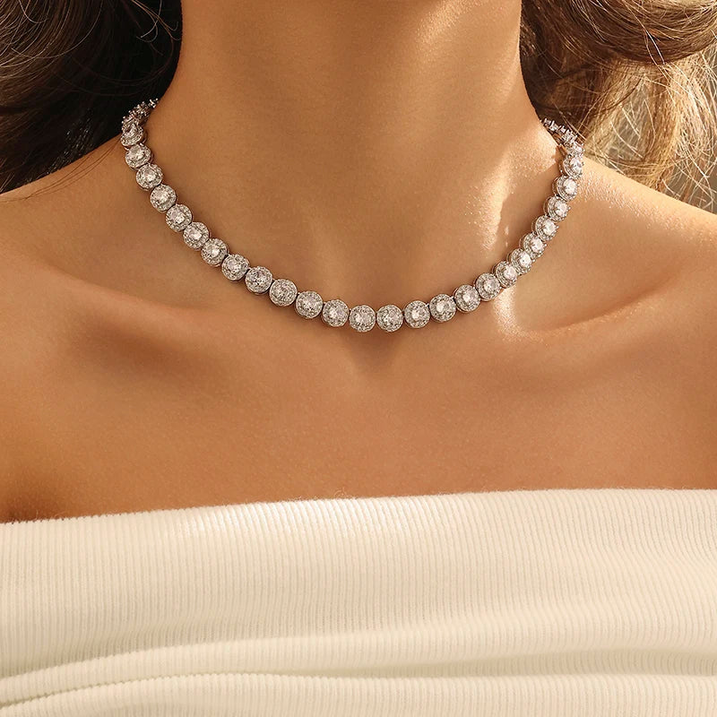 Collier Femme Tennis Argent Plaqué Or Blanc Zircon - Bijou Femme Homme Luxe