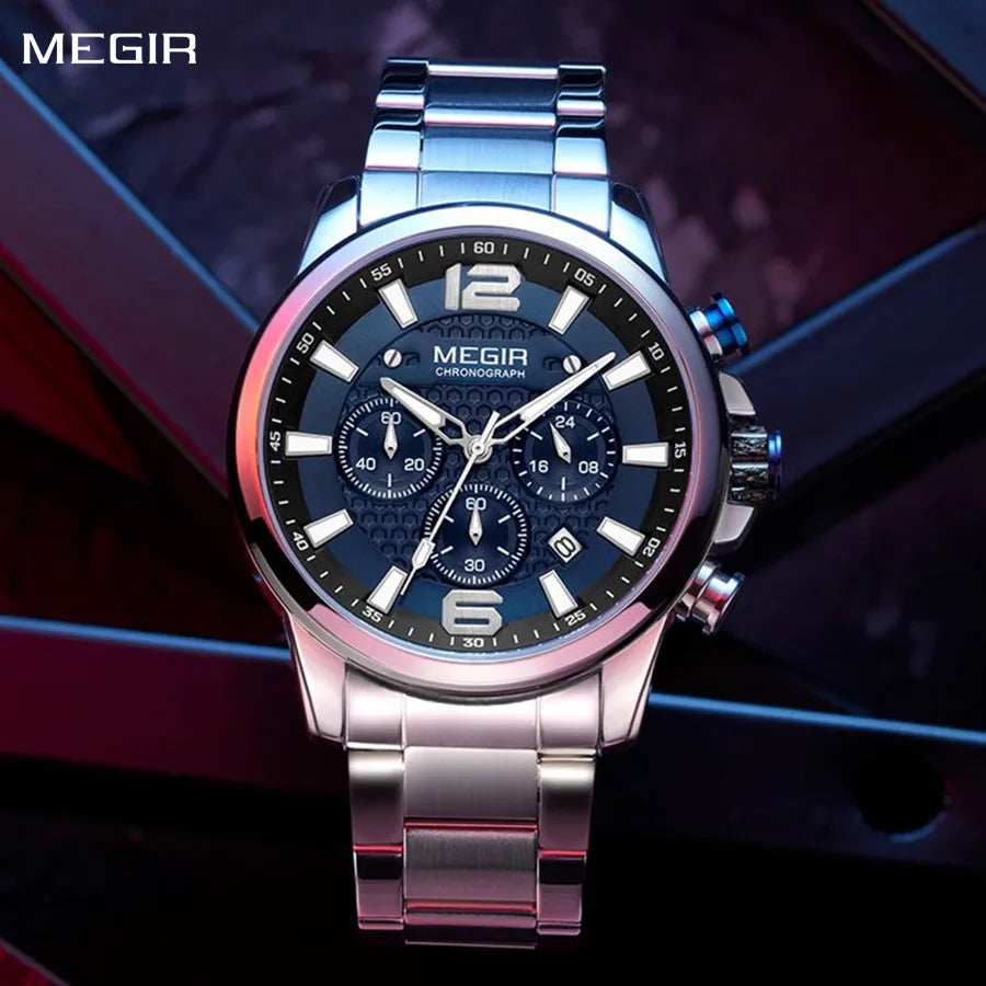 MEGIR - Montre Homme 2156 Luxe Affaires Mode Quartz Chronographe Lumineux Étanche Calendrier Acier Inoxydable