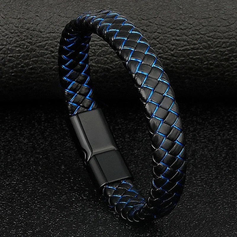 Bracelet Homme Cuir Véritable Tressé Noir - Fermoirs Magnétiques Acier Inoxydable Bangle