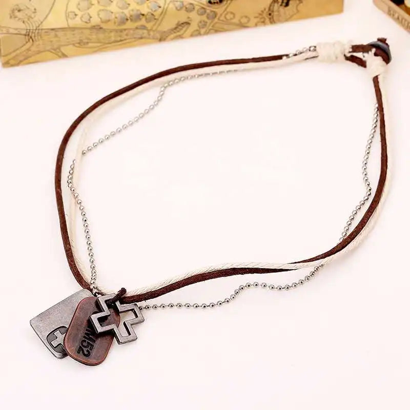 Collier Pendentif Croix Tag Cuir Vintage - Bijou Unisexe Artisanal