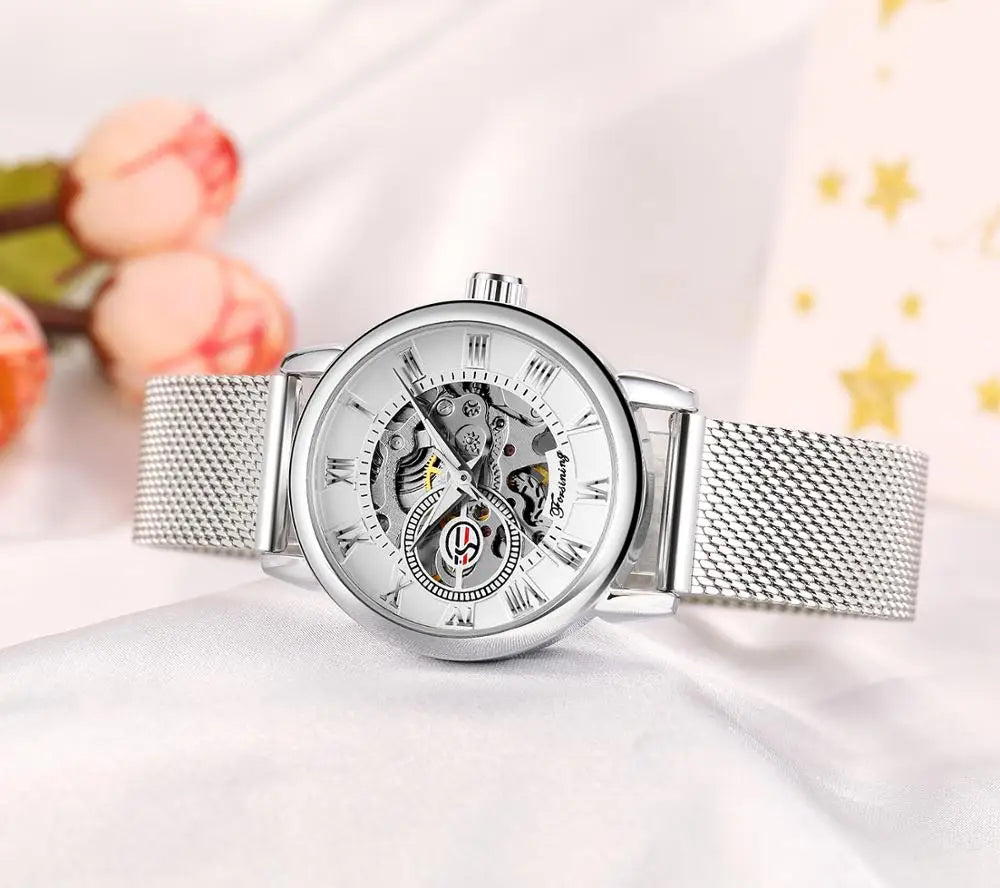 FORSINING - Montre Femme Mécanique Automatique Squelette - Bracelet Maille Bleu - Étanche 3 ATM