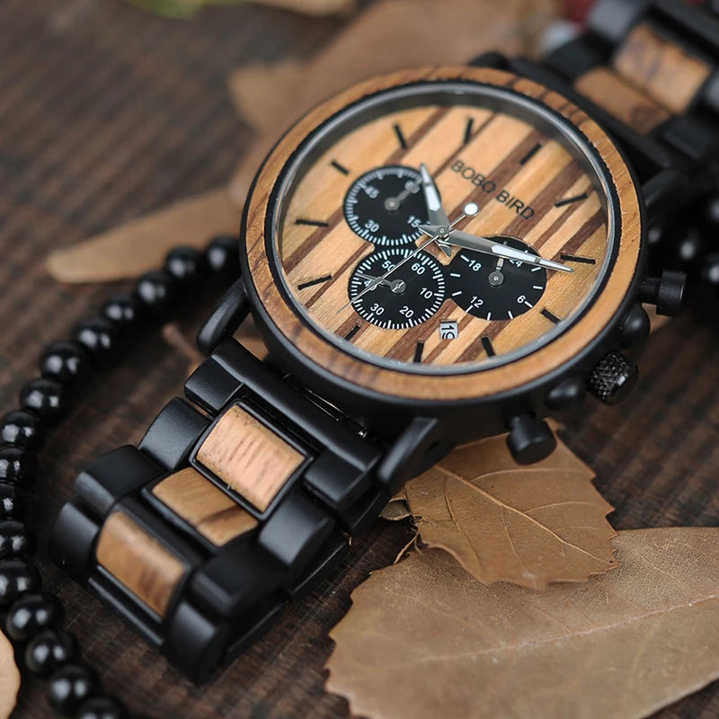 BOBO BIRD - Montre Homme Chronographe - Bois & Acier Inoxydable - Mouvement Miyota