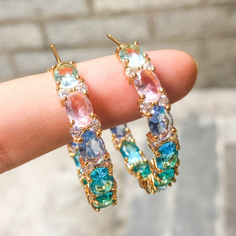 Boucles d'Oreilles Femmes Bohème Zircons Multicolores - Bijou Femme Doré