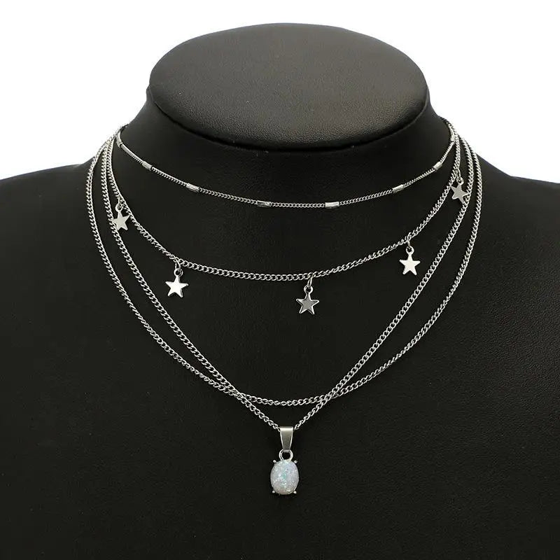 Collier Multi-Rangs Pendentif Pentagramme Cristal Bohème - Bijou Femme