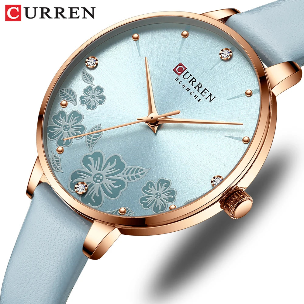 CURREN - Montre Femme Luxe Cuir - Cadran Fleurs - Mouvement Japonais - Étanche 3 ATM - Or Rose