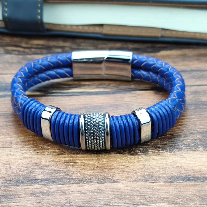 Bracelet Wrap Boho Cuir Tressé Double Bleu Homme