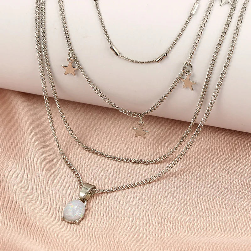 Collier Multi-Rangs Pendentif Pentagramme Cristal Bohème - Bijou Femme