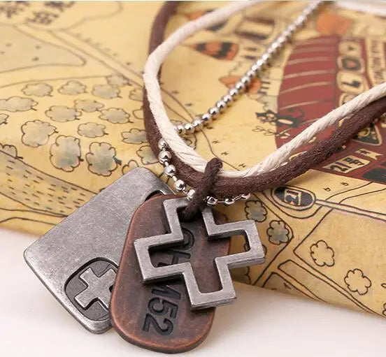 Collier Pendentif Croix Tag Cuir Vintage - Bijou Unisexe Artisanal