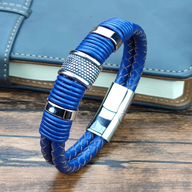 Bracelet Wrap Boho Cuir Tressé Double Bleu Homme