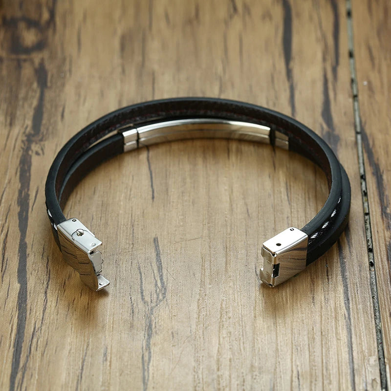 Bracelet Cuir Véritable Lignes Cousues VNOX Homme - Barre Acier Inoxydable