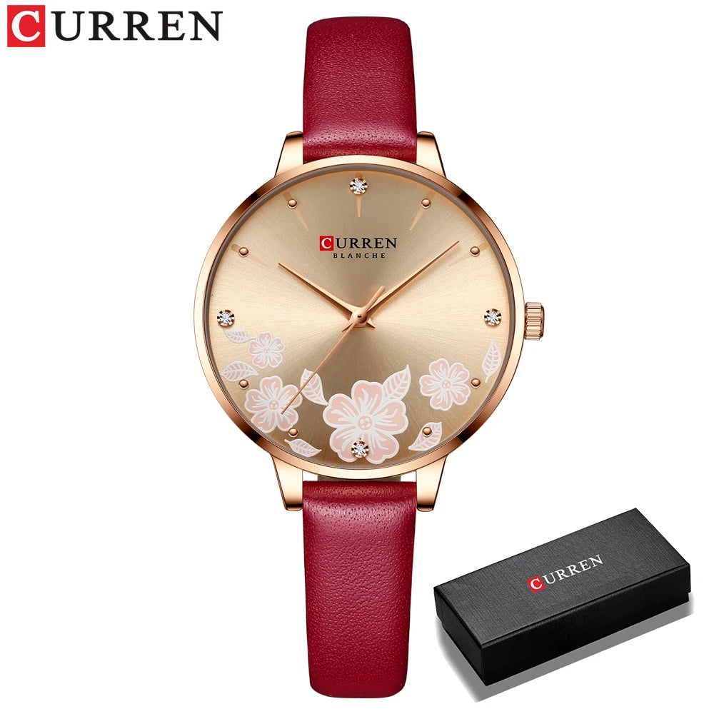 CURREN - Montre Femme Luxe Cuir - Cadran Fleurs - Mouvement Japonais - Étanche 3 ATM - Or Rose