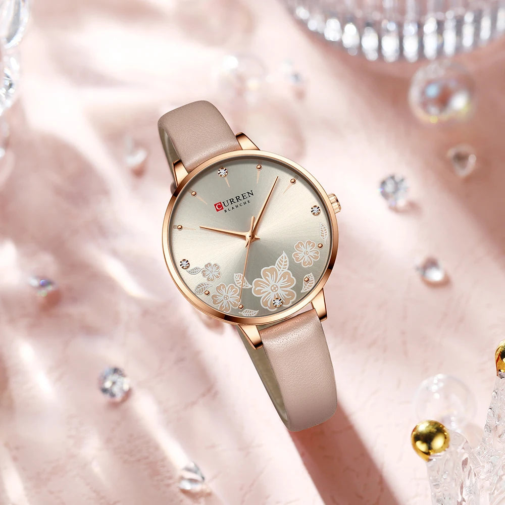 CURREN - Montre Femme Luxe Cuir - Cadran Fleurs - Mouvement Japonais - Étanche 3 ATM - Or Rose