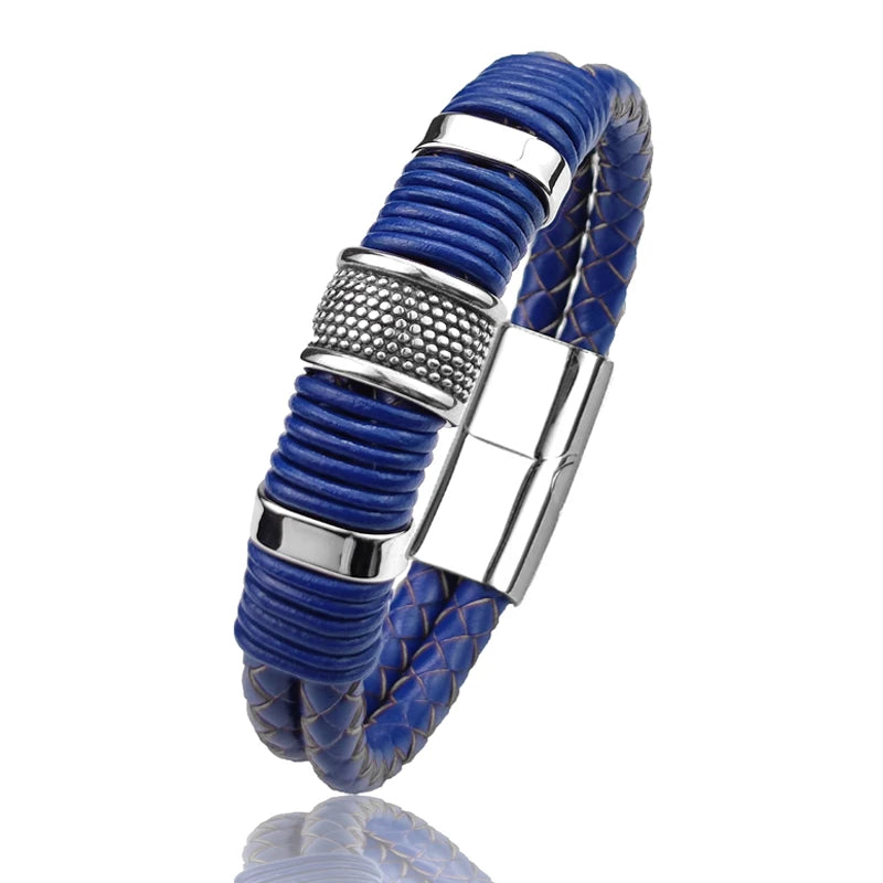Bracelet Wrap Boho Cuir Tressé Double Bleu Homme