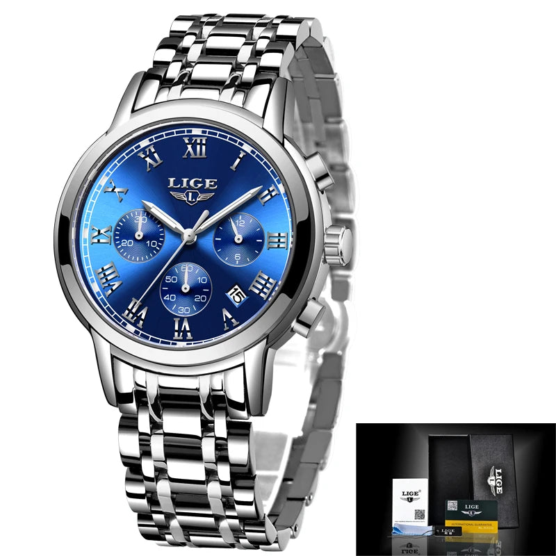 LIGE - Montre Femme Luxe Chronographe Bicolore Or/Argent - Cadran Bleu - Étanche 3 ATM