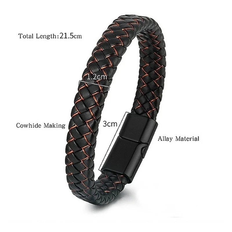 Bracelet Homme Cuir Véritable Tressé Noir - Fermoirs Magnétiques Acier Inoxydable Bangle