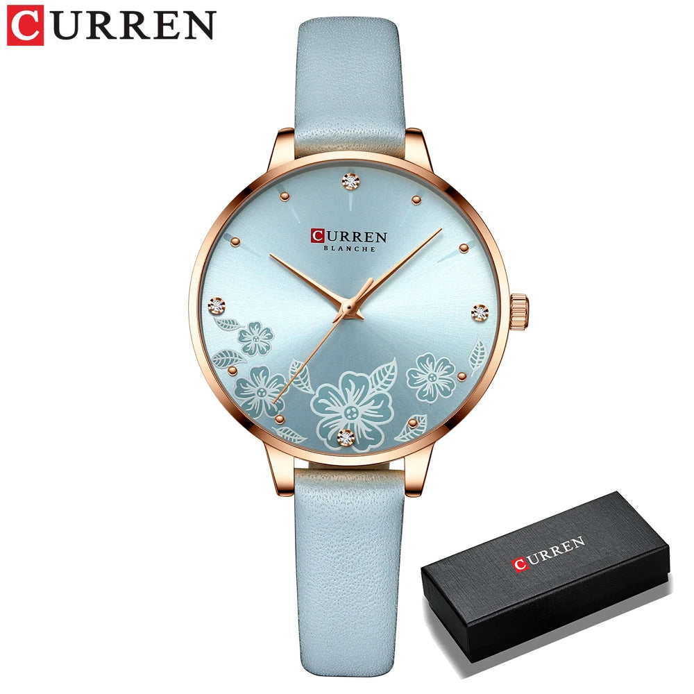 CURREN - Montre Femme Luxe Cuir - Cadran Fleurs - Mouvement Japonais - Étanche 3 ATM - Or Rose