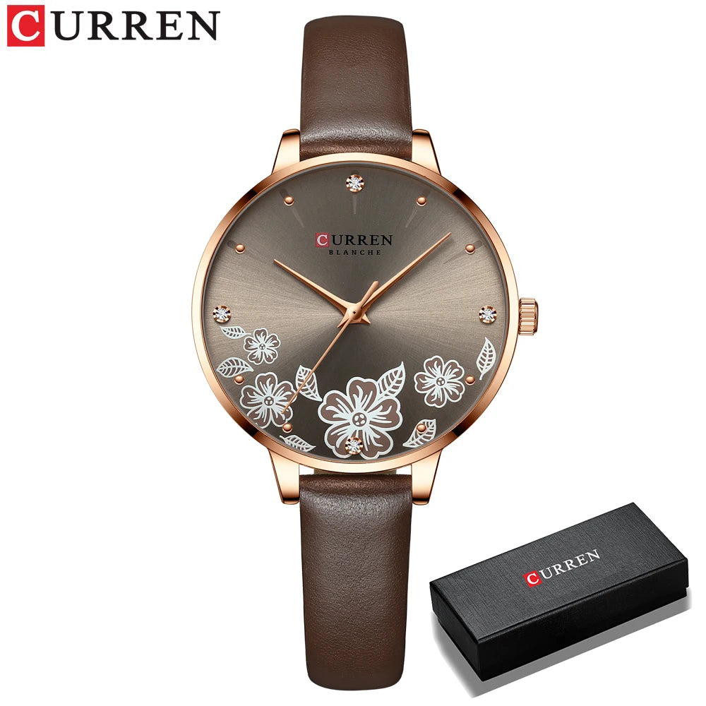 CURREN - Montre Femme Luxe Cuir - Cadran Fleurs - Mouvement Japonais - Étanche 3 ATM - Or Rose