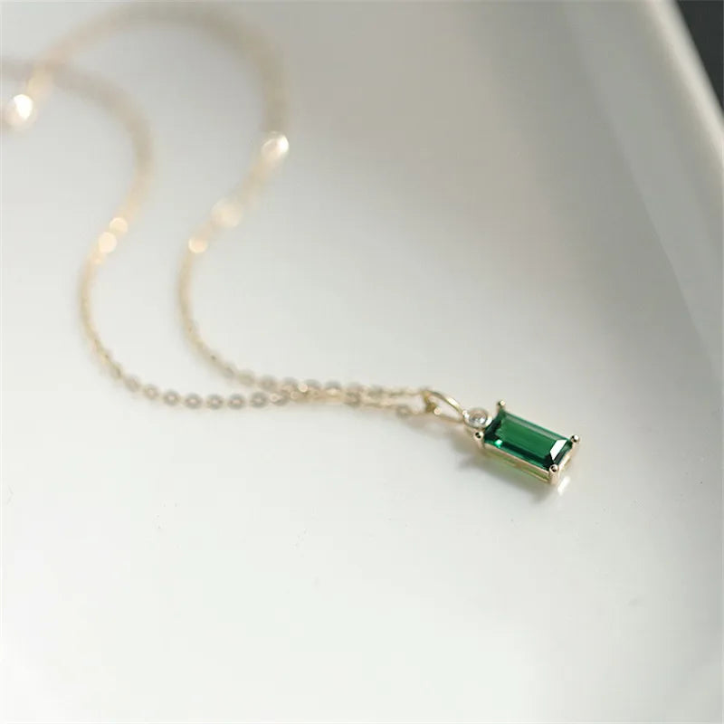 Collier Européen Simple Argent Sterling 925 - Pendentif Carré Cristal Vert Plaqué Or 14K