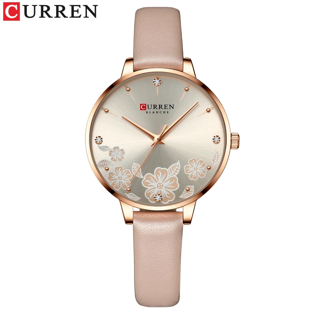 CURREN - Montre Femme Luxe Cuir - Cadran Fleurs - Mouvement Japonais - Étanche 3 ATM - Or Rose