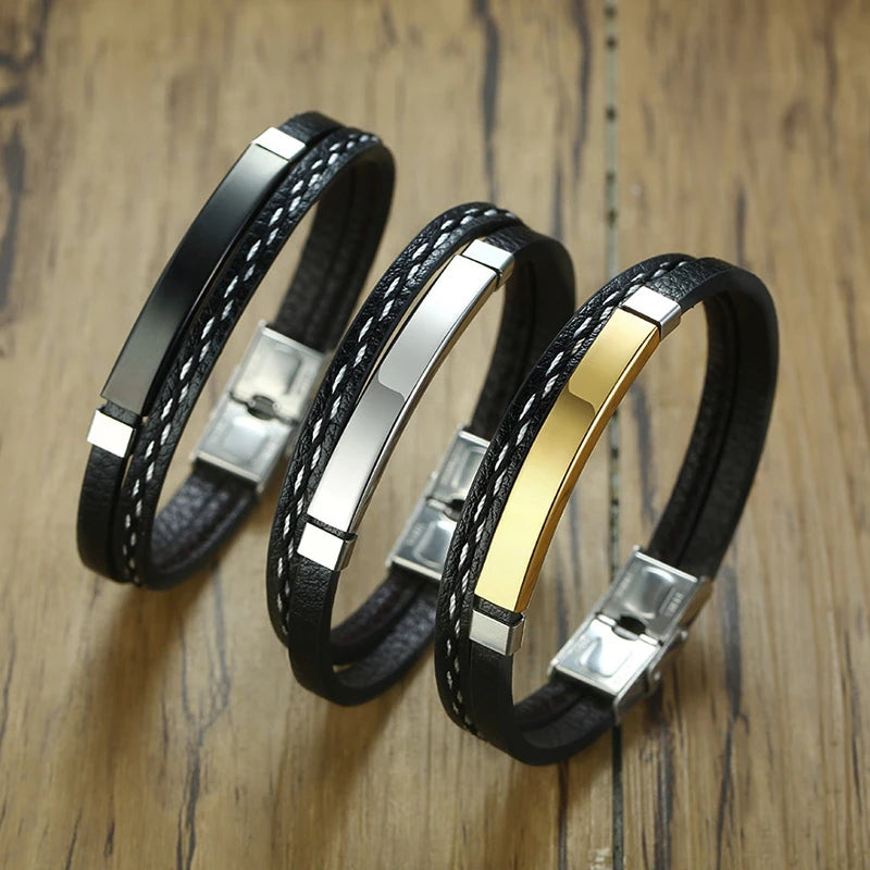 Bracelet Cuir Véritable Lignes Cousues VNOX Homme - Barre Acier Inoxydable