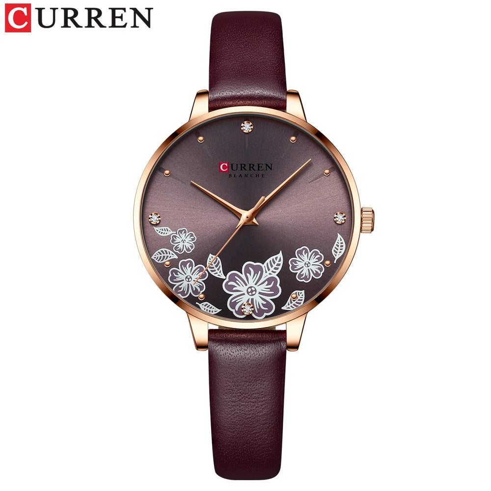 CURREN - Montre Femme Luxe Cuir - Cadran Fleurs - Mouvement Japonais - Étanche 3 ATM - Or Rose