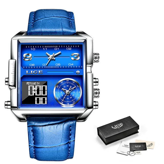 LIGE - Montre Homme Luxe Sport - Double Affichage Analogique Digital - Acier - Étanche 3 ATM