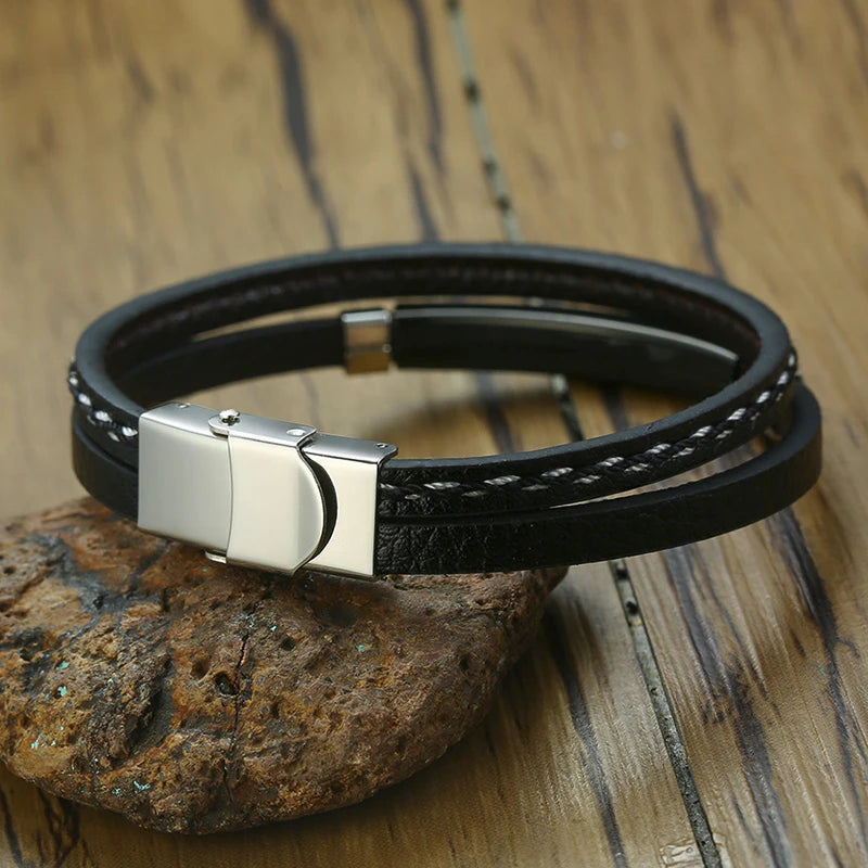 Bracelet Cuir Véritable Lignes Cousues VNOX Homme - Barre Acier Inoxydable
