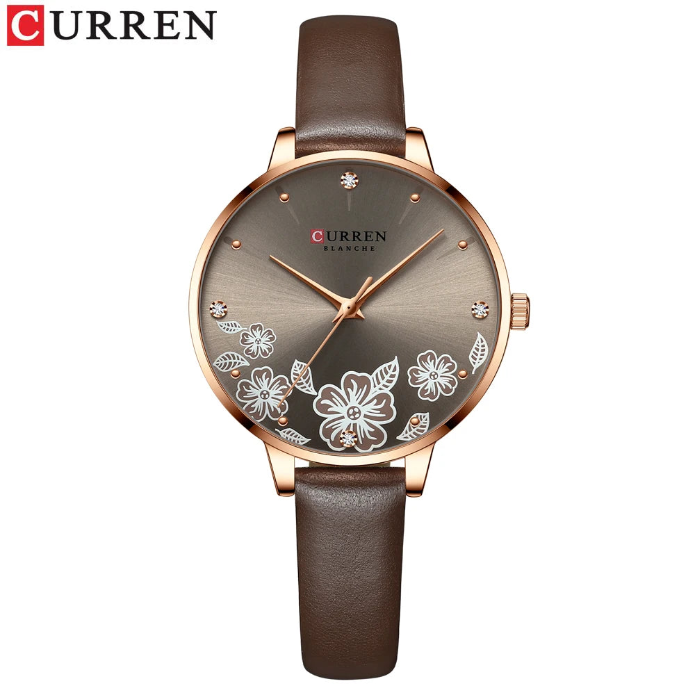 CURREN - Montre Femme Luxe Cuir - Cadran Fleurs - Mouvement Japonais - Étanche 3 ATM - Or Rose
