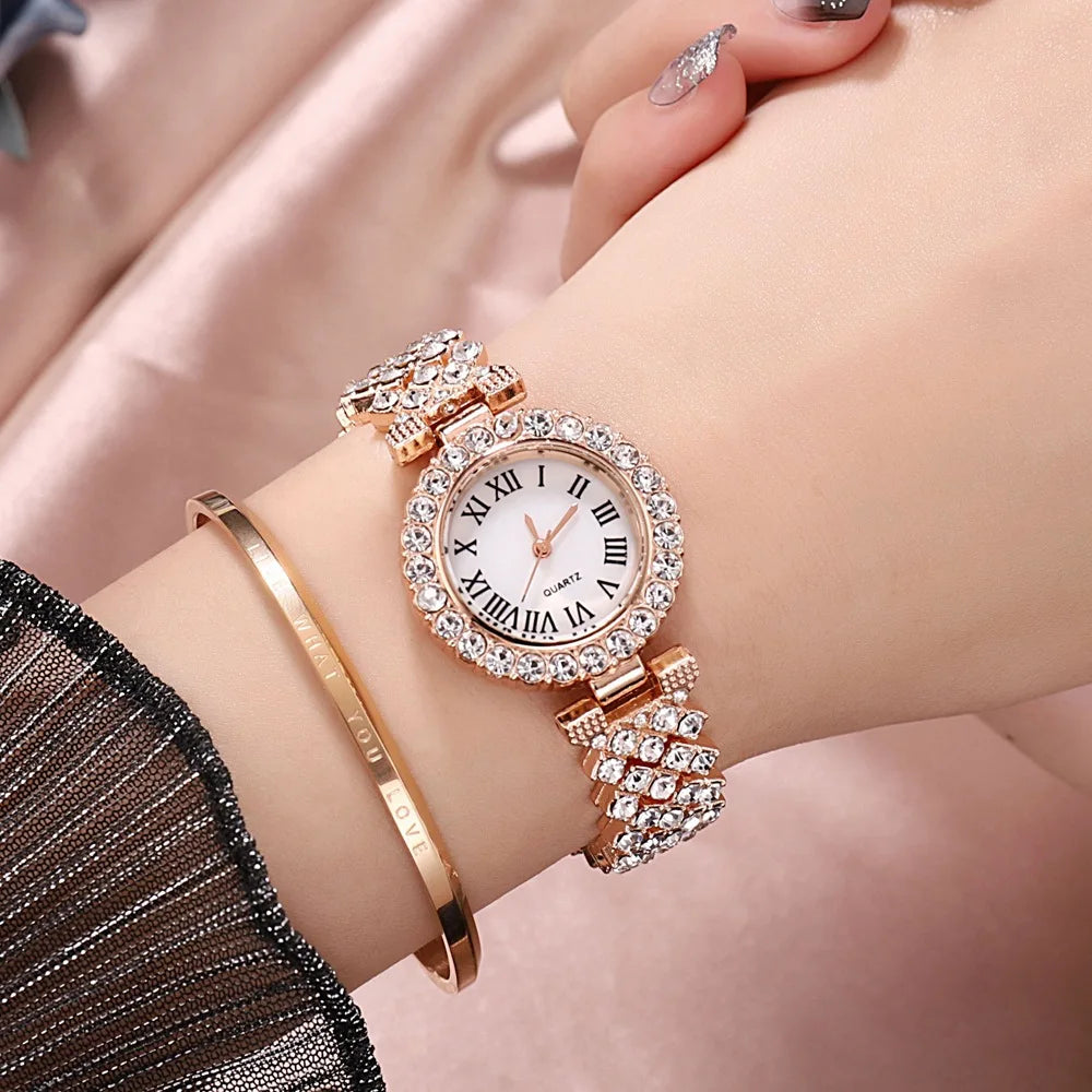 MOONBIFFY - Ensemble Montre Femme Luxe + Bracelet - Strass Cristaux - Chiffres Romains - Étanche 3 ATM