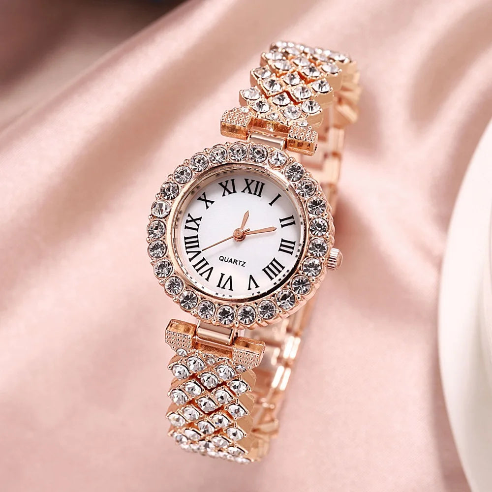 MOONBIFFY - Ensemble Montre Femme Luxe + Bracelet - Strass Cristaux - Chiffres Romains - Étanche 3 ATM
