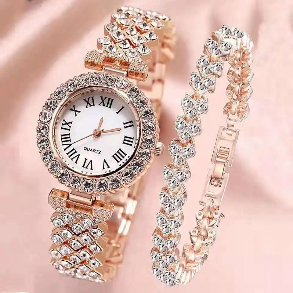 MOONBIFFY - Ensemble Montre Femme Luxe + Bracelet - Strass Cristaux - Chiffres Romains - Étanche 3 ATM