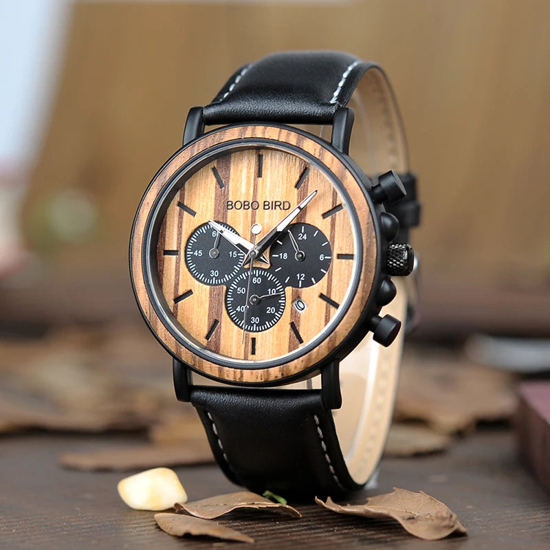 BOBO BIRD - Montre Homme Chronographe - Bois & Acier Inoxydable - Mouvement Miyota