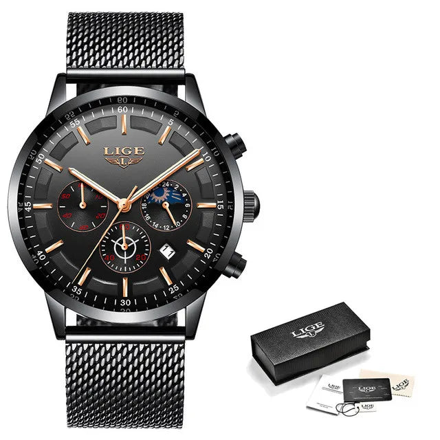 LIGE - Montre Femme Luxe Chronographe Phases de Lune - Bracelet Maille Bleu - Or Rose - Étanche 3 ATM