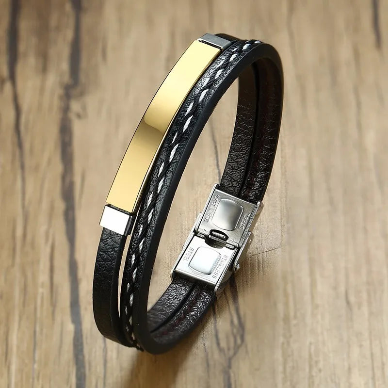 Bracelet Cuir Véritable Lignes Cousues VNOX Homme - Barre Acier Inoxydable