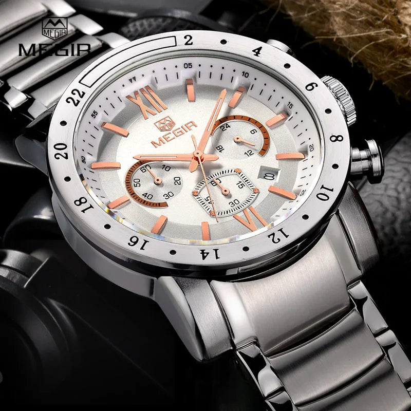 MEGIR - Montre Homme MEGIR 3008 Chronographe Business - Acier Inoxydable - Cadran Blanc - Étanche 3 ATM