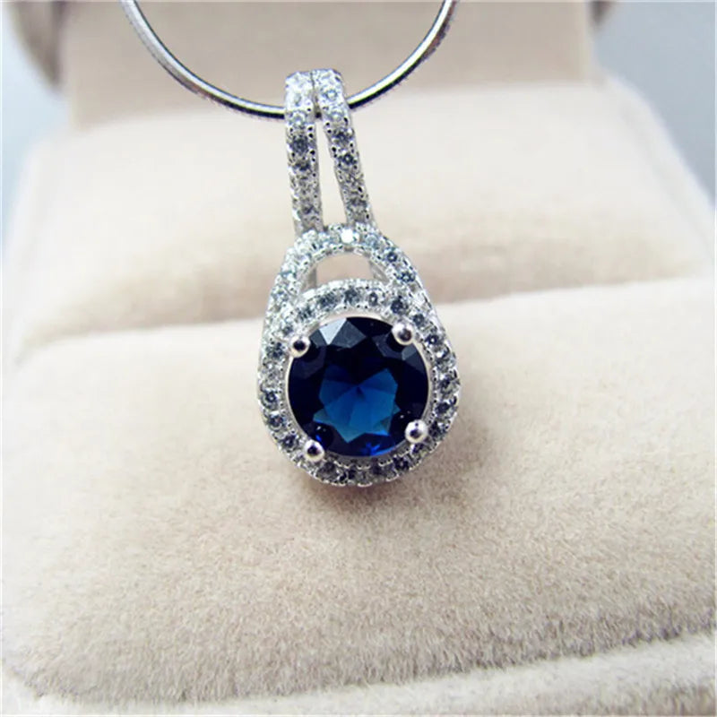 Pendentif Femme Rond Pierre Bleue Zircon - Bijou Femme Mariage Élégant