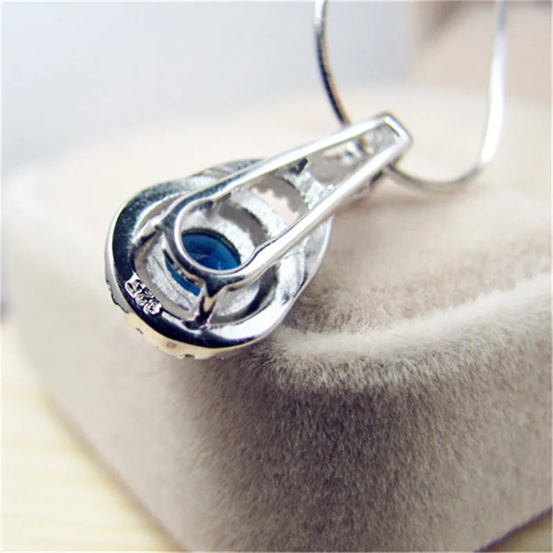 Pendentif Femme Rond Pierre Bleue Zircon - Bijou Femme Mariage Élégant