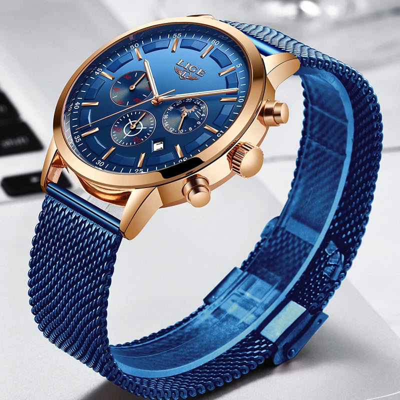 LIGE - Montre Femme Luxe Chronographe Phases de Lune - Bracelet Maille Bleu - Or Rose - Étanche 3 ATM