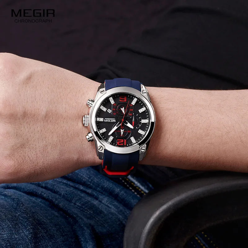 MEGIR - Montre Homme Chronographe Sport - Bracelet Silicone - Date - Lumineux - Étanche 3 ATM