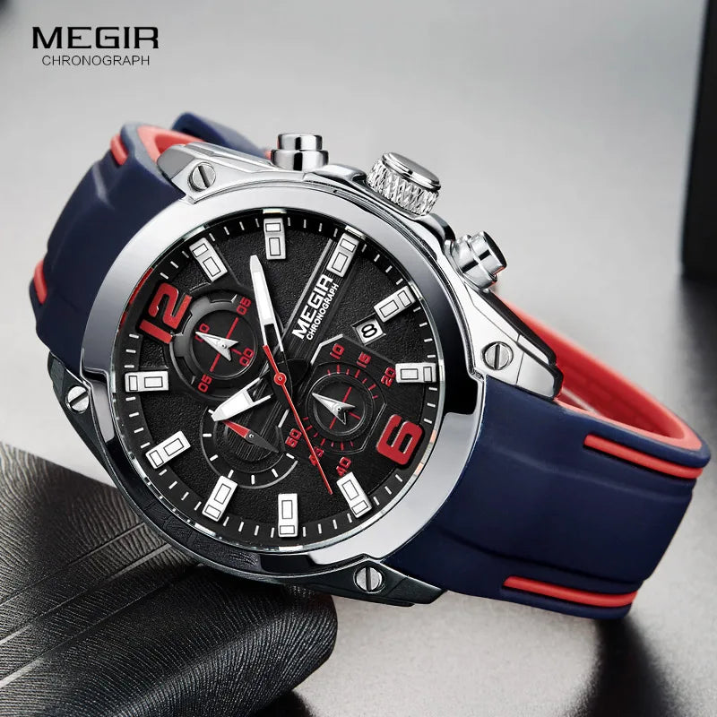 MEGIR - Montre Homme Chronographe Sport - Bracelet Silicone - Date - Lumineux - Étanche 3 ATM