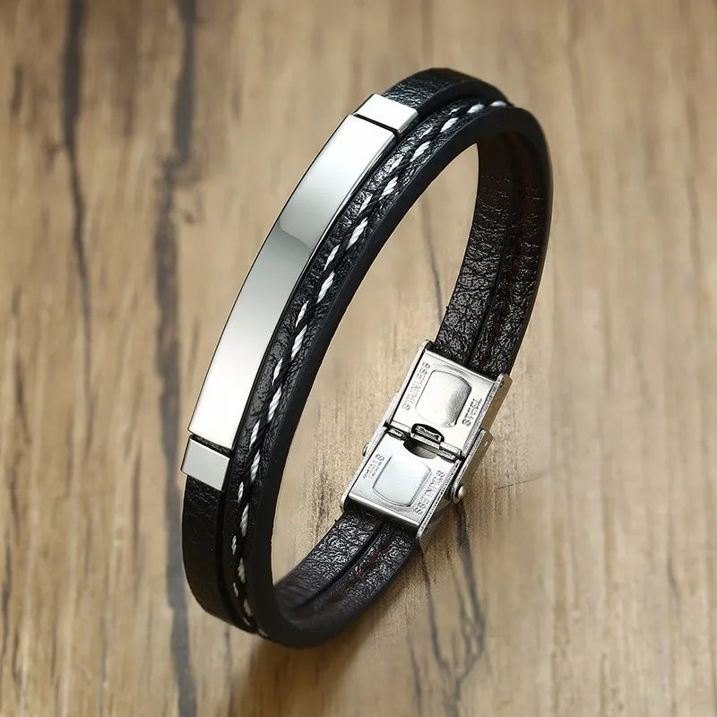 Bracelet Cuir Véritable Lignes Cousues VNOX Homme - Barre Acier Inoxydable