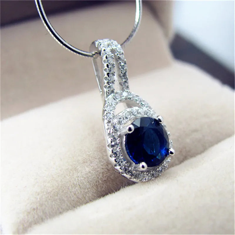 Pendentif Femme Rond Pierre Bleue Zircon - Bijou Femme Mariage Élégant