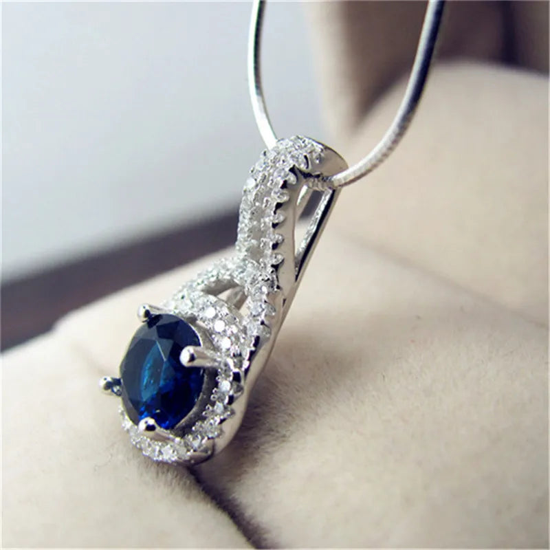 Pendentif Femme Rond Pierre Bleue Zircon - Bijou Femme Mariage Élégant
