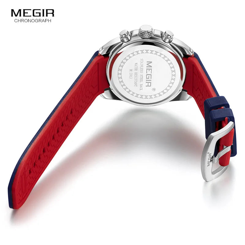 MEGIR - Montre Homme Chronographe Sport - Bracelet Silicone - Date - Lumineux - Étanche 3 ATM