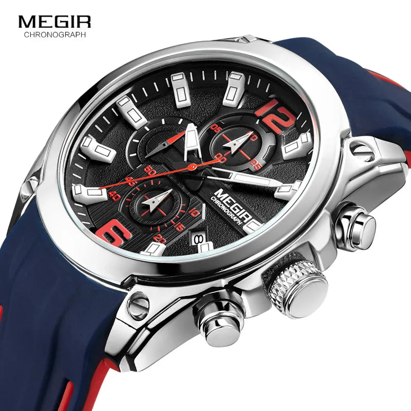 MEGIR - Montre Homme Chronographe Sport - Bracelet Silicone - Date - Lumineux - Étanche 3 ATM
