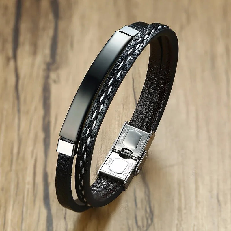 Bracelet Cuir Véritable Lignes Cousues VNOX Homme - Barre Acier Inoxydable