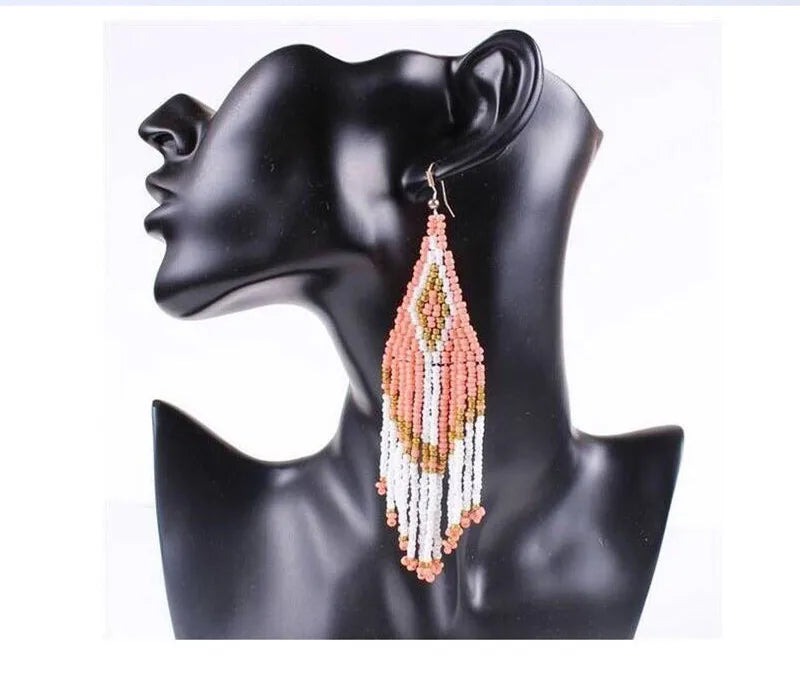 Boucles d'Oreilles Femmes Pendantes Longues Bohème Perles - Bijou Femme Ethnique