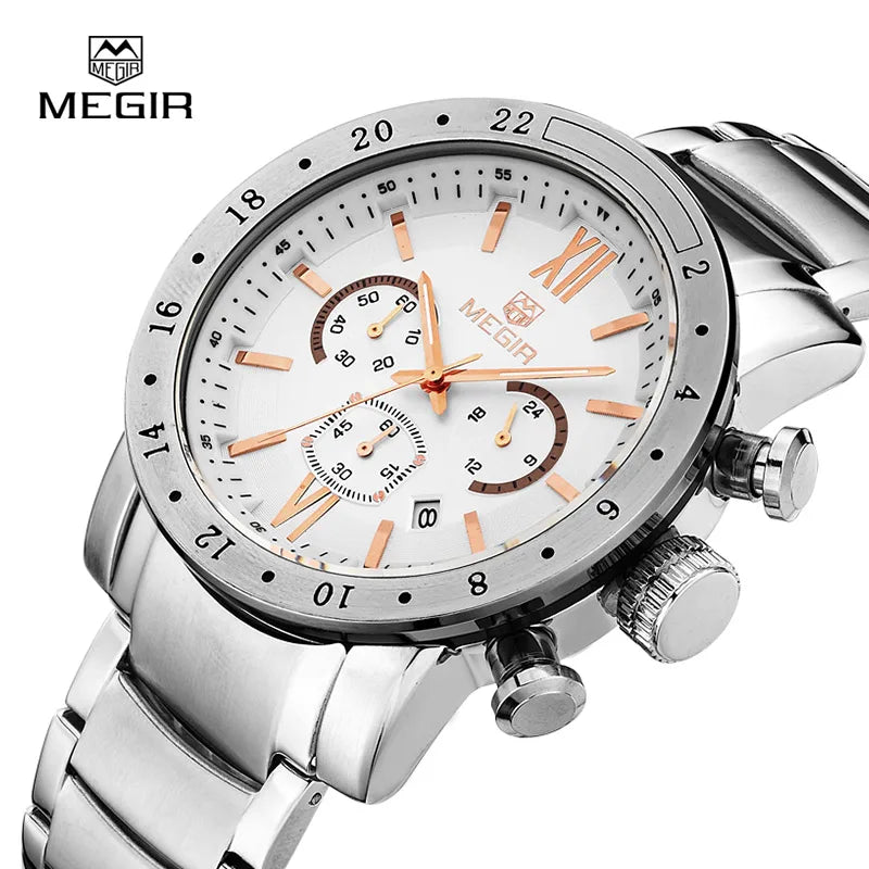 MEGIR - Montre Homme MEGIR 3008 Chronographe Business - Acier Inoxydable - Cadran Blanc - Étanche 3 ATM