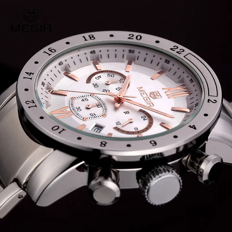 MEGIR - Montre Homme MEGIR 3008 Chronographe Business - Acier Inoxydable - Cadran Blanc - Étanche 3 ATM